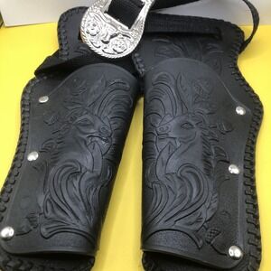 2 HOLSTER TOY GUN HOLDER BLACK  TOOLED WESTERN STYLE UNMARKED HORSE ACORNS Belt